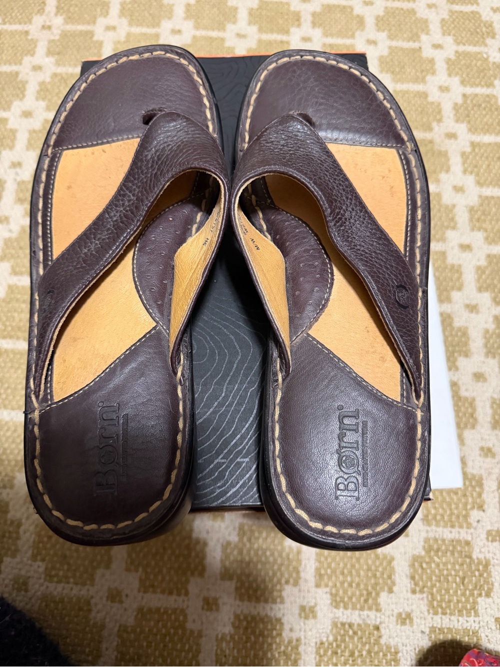 Born Men’s Dark Brown Leather Thong Sandals with Tan Footbed